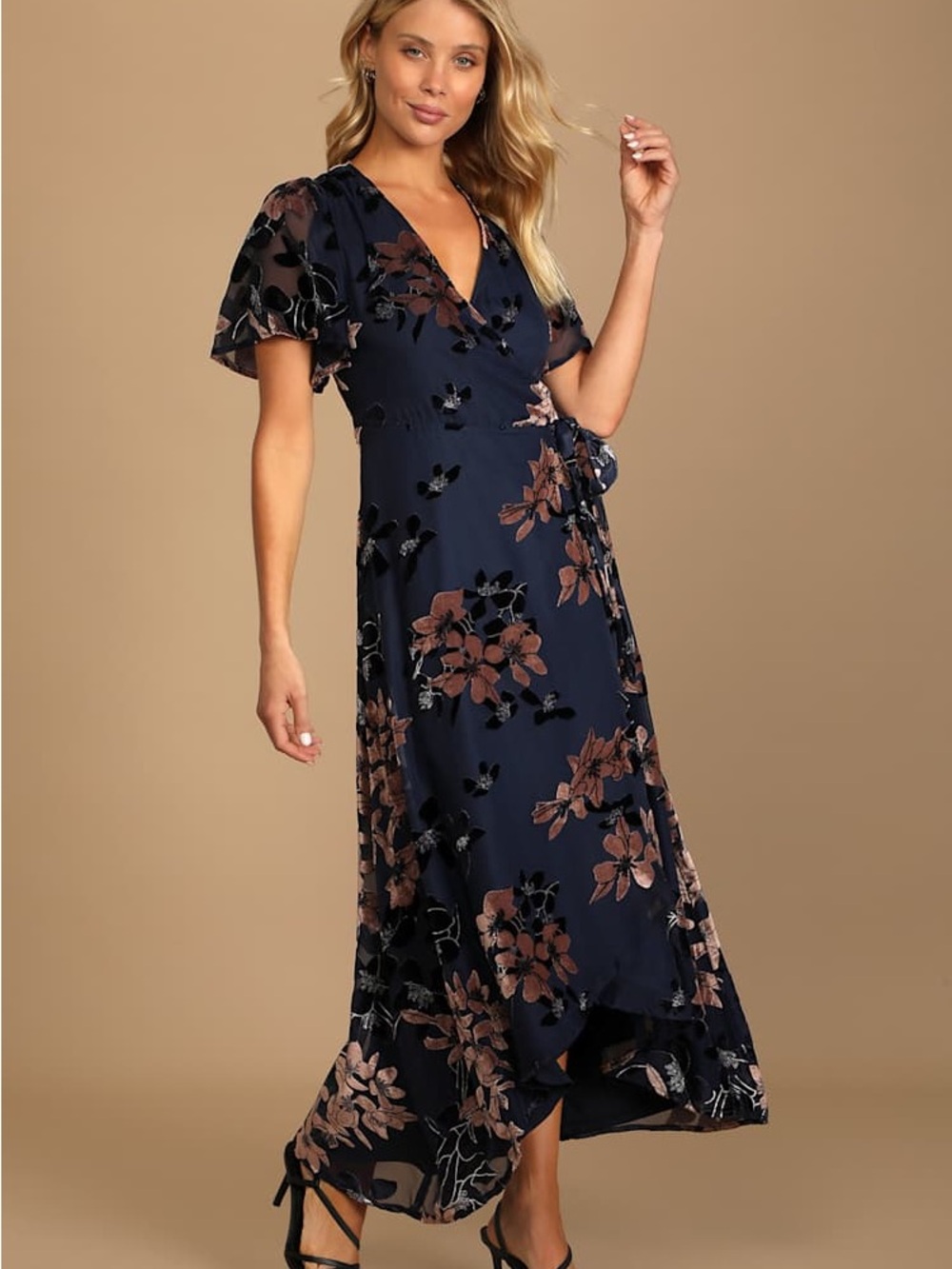 Lulus Navy Burnout Floral Wrap High Low Midi Dress NWT Small - Picture 6 of 8